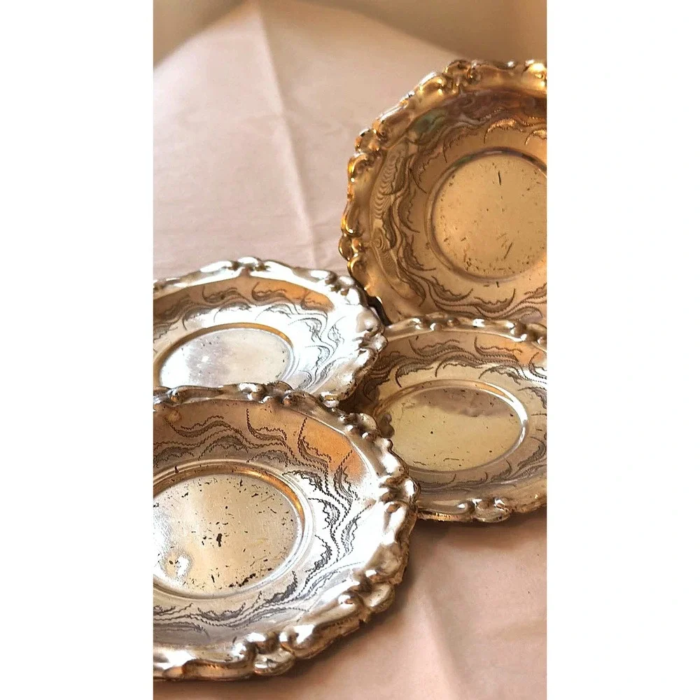 Vintage Tea Glass Holder and Saucer Set of 4 Silver Tone Etched Floral Ornate